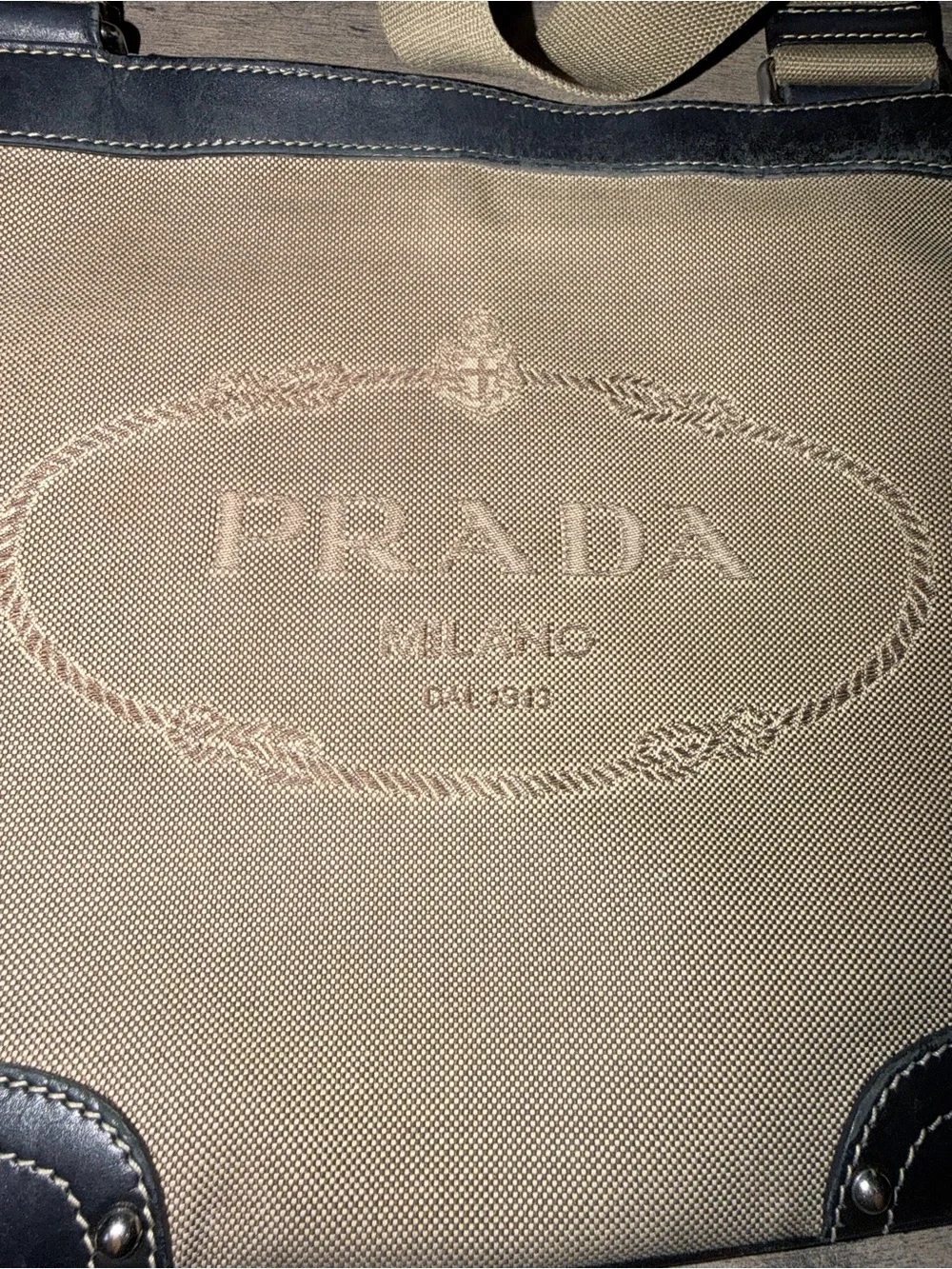Prada Beige Canvas Messenger Bag with Black Trim